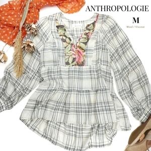 New Anthropologie Boho Gold Lined Iridescent Floral Plaid Wool Blend Top…